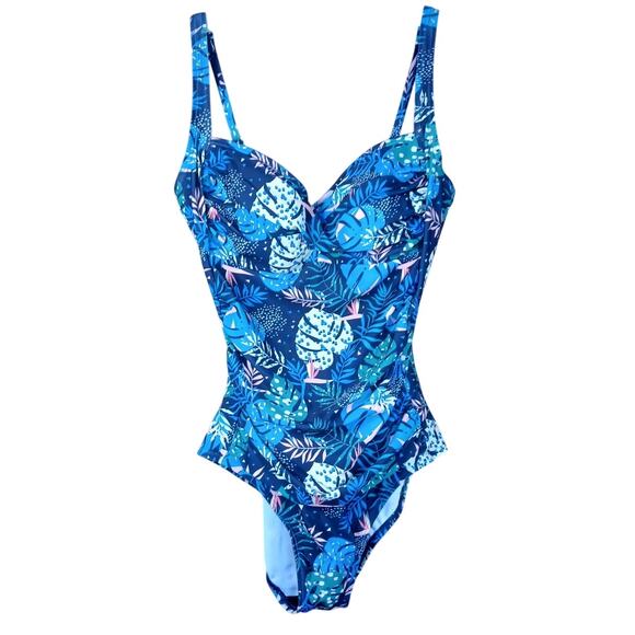Emerald Bay Other - Emerald Bay Women's Size 14 Blue Tropical Leaf One Piece Tummy Control Swimsuit